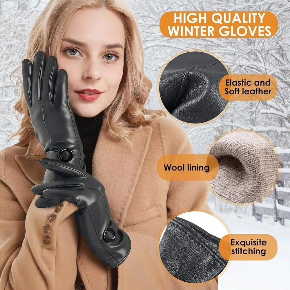 Women's Winter Leather Gloves Texting Warm Driving Lambskin Gloves Grey